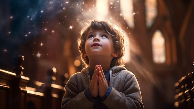 Photo portrait of little boy with praying god