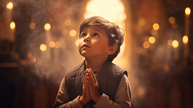 Photo portrait of little boy with praying god