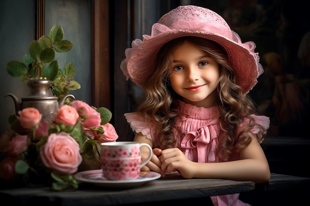 Portrait of a little cheerful girl in a summer hat