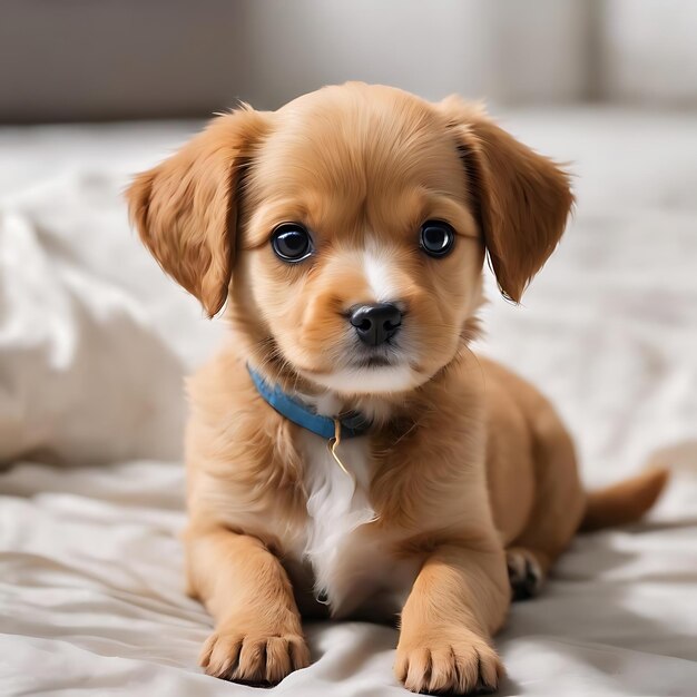 Portrait of little cute dog calmly lying and posing isolated over white studio background