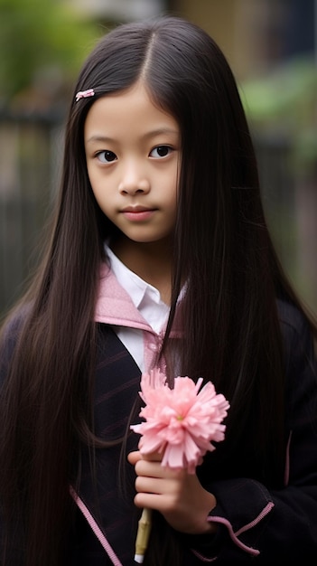 Portrait of a little cute girl in school uniform with tails and white bows holding b Generative AI