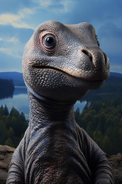 Foto ritratto di un piccolo dinosauro sullo sfondo delle montagne