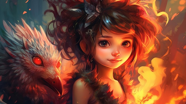 Portrait of a little fairy girl with her pet bird Fantasy concept Illustration painting
