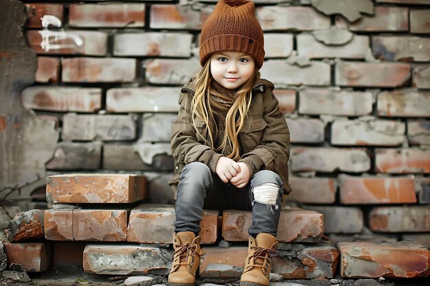 Portrait of little fashion kid girl on bricks wall background