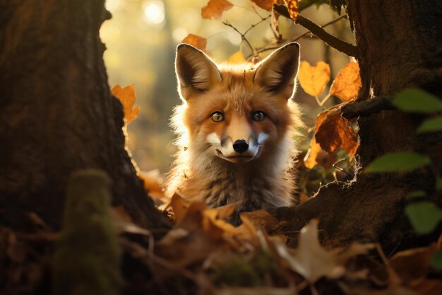 Foto ritratto di una piccola volpe nascosta o in agguato nella foresta a caccia di prede animali concetto di fauna selvatica