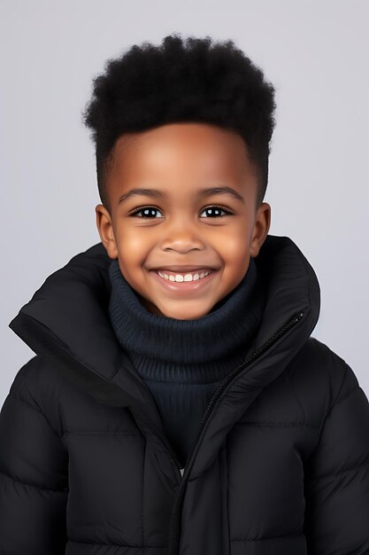 Photo portrait of little funny black child boy smiling on white background