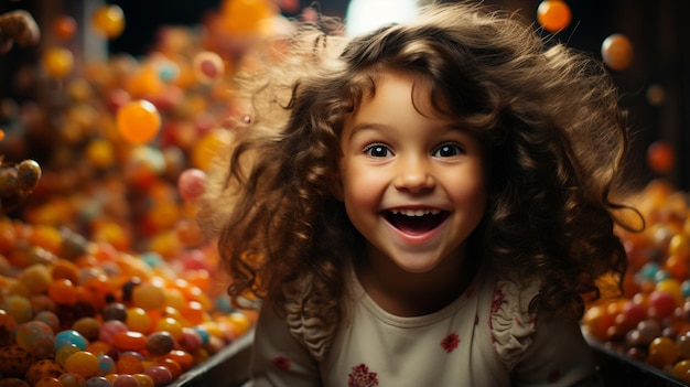 portrait of a little girl on background of colorful balloons and lights in a dark room
