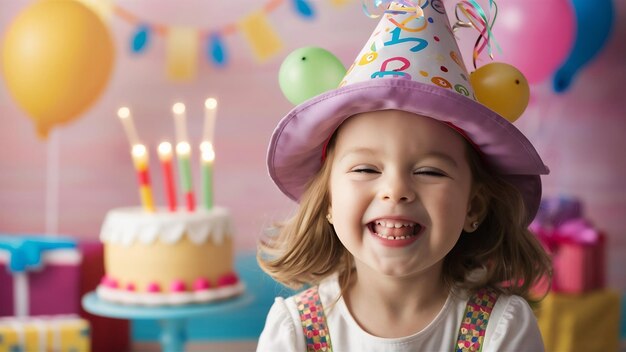 Photo portrait of a little girl in a birthday hat celebrating