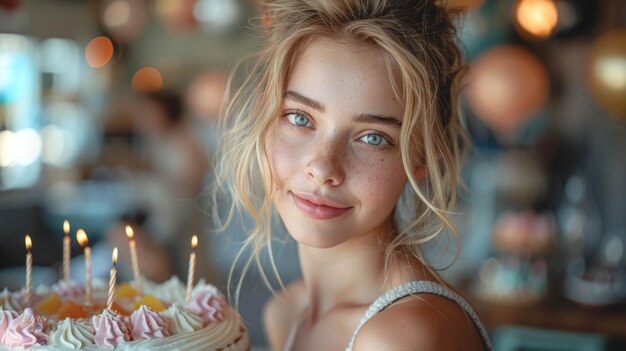 Portrait of a little girl at a birthday party on a blurred background