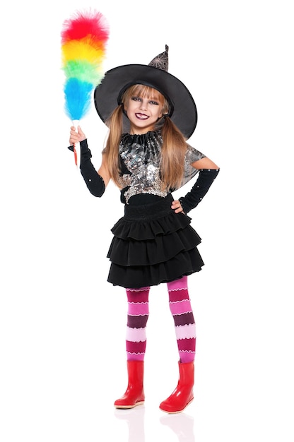 Photo portrait of little girl in black hat with soft colorful duster isolated on white background