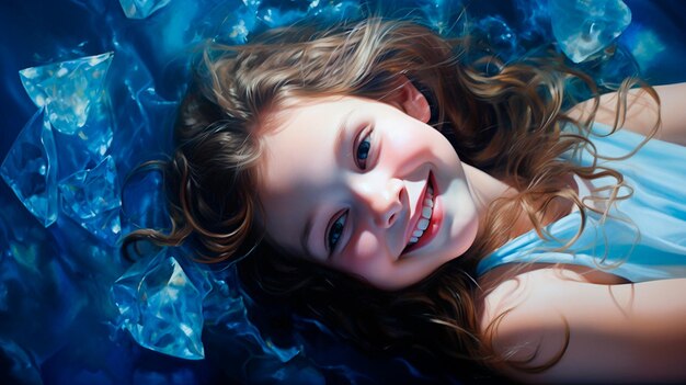 青い背景の小さな女の子の肖像画