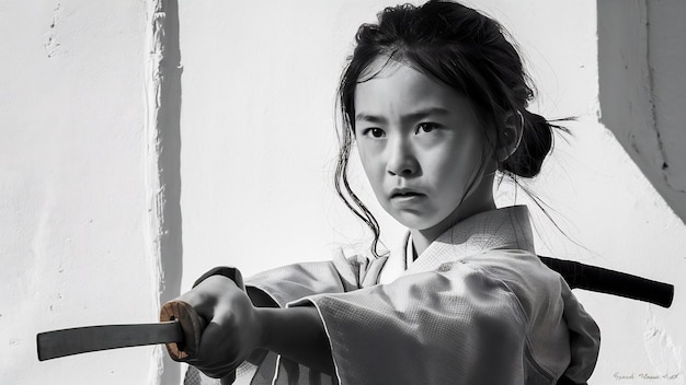 Portrait of little girl child in kimono training karate isolated on white fight