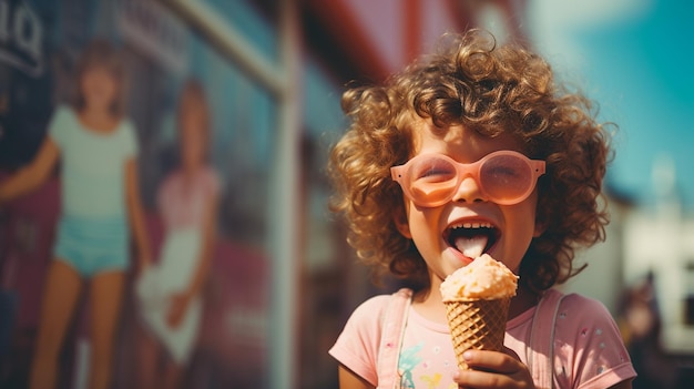 Photo portrait of little girl eating ice cream