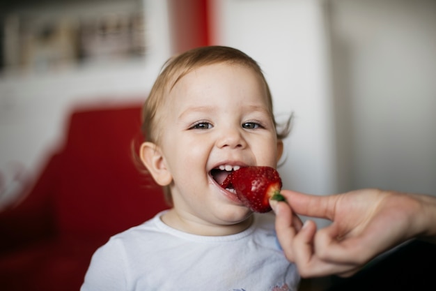 Portrait of little girl eats strawberries
