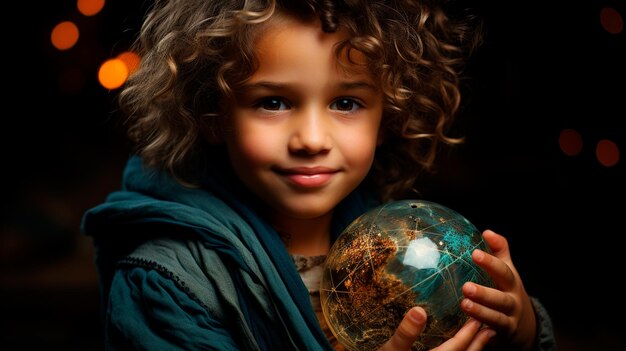 portrait of little girl holding a crystal ball