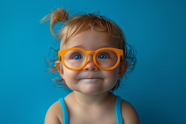 Portrait of a little girl in orange glasses on a blue background