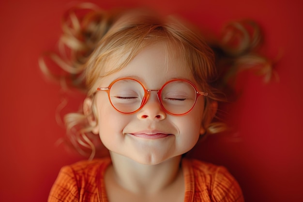 Портрет маленькой девочки в оранжевых очках на красном фоне