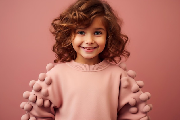 Портрет маленькой девочки в огромном коричневом свитере с подвешенными рукавами.