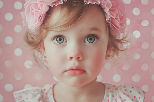 Portrait of a little girl on a pink background with white circles