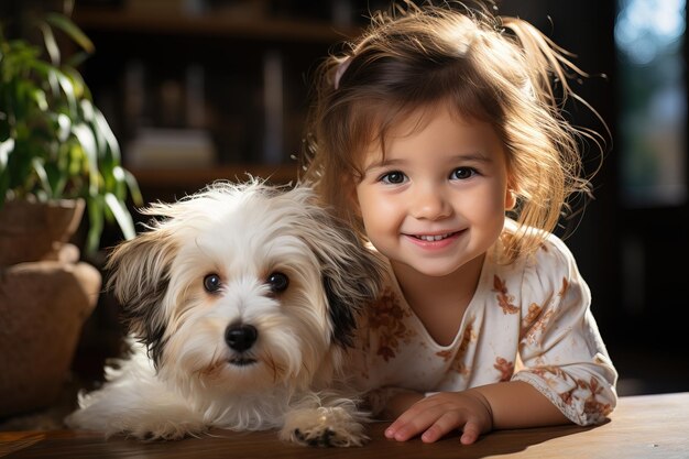 Photo portrait the little girl playing on the floor at home with a pet dog generative ai