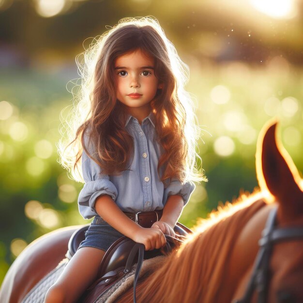 사진 초상화 작은 소녀가 말을 타고 승마 스포츠를 하는 녹색 자연 bokeh ai 생성