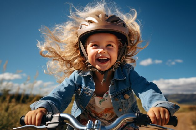 Foto ritratto di una bambina in sella a una bicicletta sfocato sullo sfondo del cielo blu ai generato