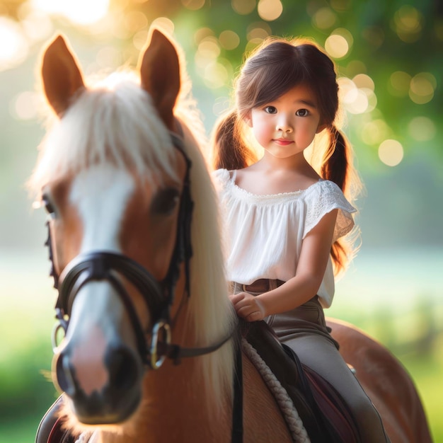 Portrait Little girl riding a horse doing equestrian sports field green nature bokeh ai generative