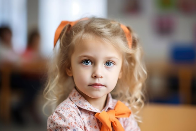 Portrait of a little girl sitting at her desk in class created with generative ai