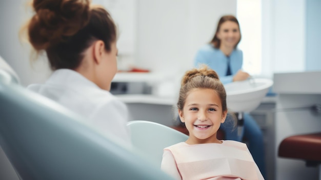 Photo portrait of little girl smiling at dentist