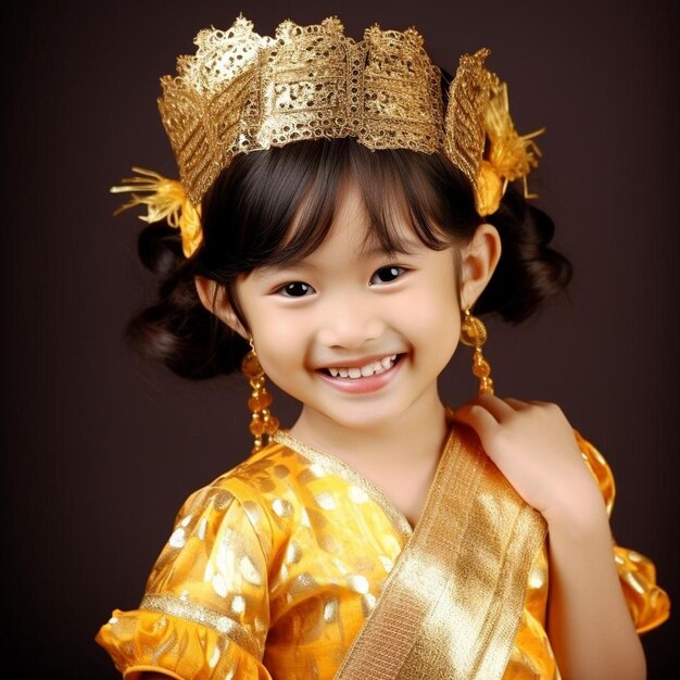 a portrait of little girl smiling and wearing thai classical costume