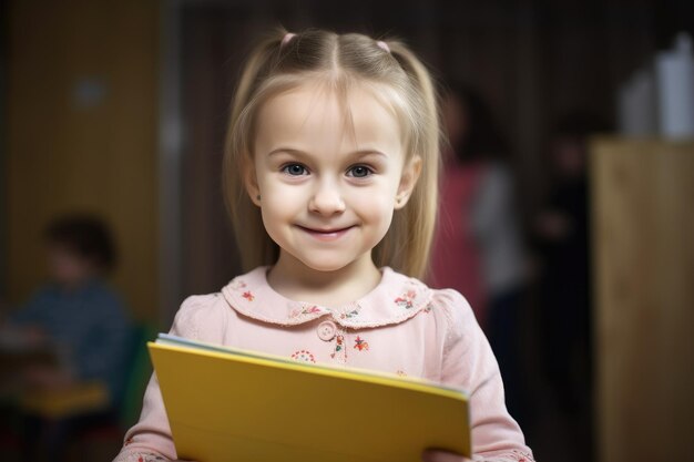 Портрет маленькой девочки, улыбающейся, держа в руках учительскую книгу, созданную с помощью генеративного искусственного интеллекта