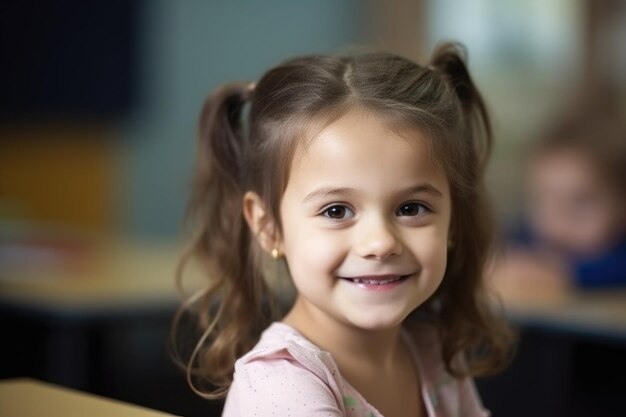 Portrait of a little girl smiling while sitting at a desk in class created with generative ai