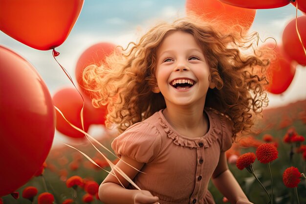 Foto ritratto della ragazzina che corre nel campo con sorriso e felicità bambino godere generative ai