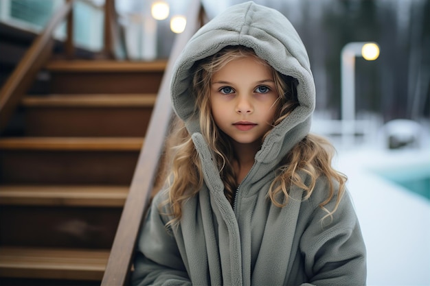 Portrait of little girl in warm jacket near house in winter