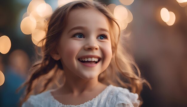 Portrait of a little girl in a white dress on the background of bokeh