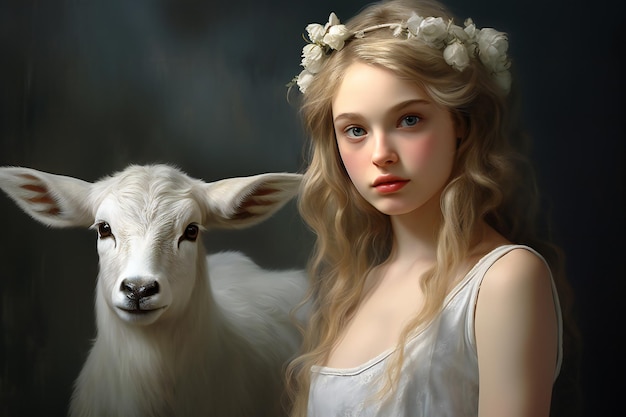 Portrait of a little girl in a white dress with a goat