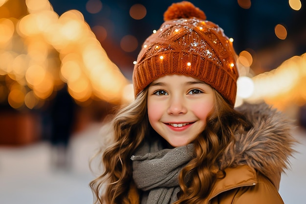 Foto ritratto di una ragazzina in abiti da inverno sullo sfondo delle luci di natale in inverno