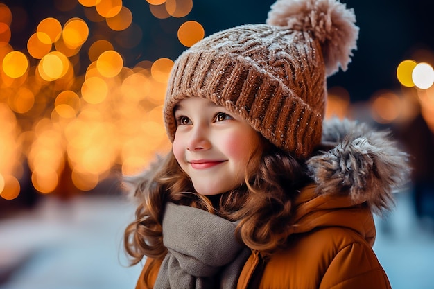 portrait of a little girl in winter clothes on the background of Christmas lights in winter