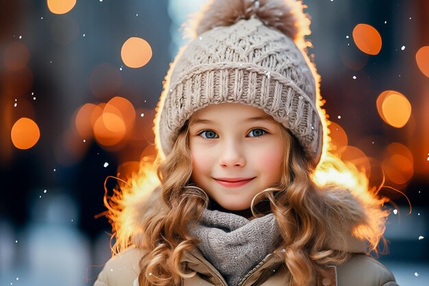 portrait of a little girl in winter clothes on the background of Christmas lights in winter