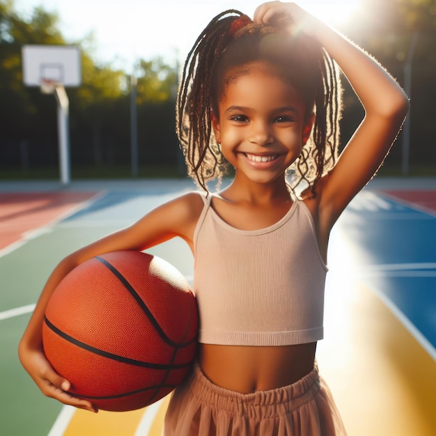 Foto ritratto di una ragazzina con un basket in piedi sul campo da basket