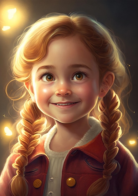 A portrait of a little girl with braids and a red jacket.