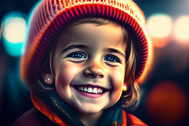 A portrait of a little girl with brown hair and a blue and yellow hat.