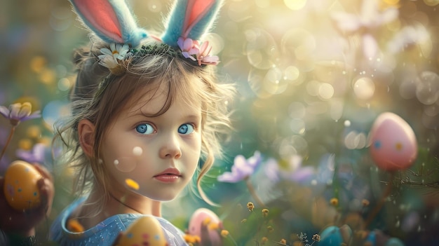 Portrait of a little girl with bunny ears and easter eggs