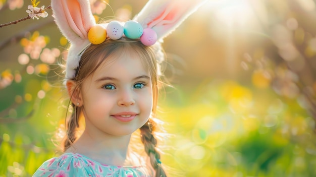 Portrait of a little girl with bunny ears and easter eggs