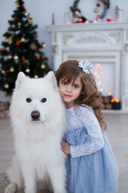 portrait of a little girl with a dog in the new year's interior