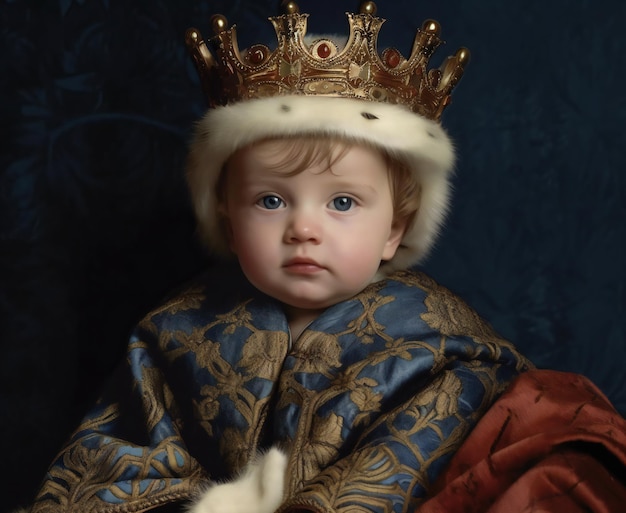 Portrait of a little prince in a gold crown on a blue background