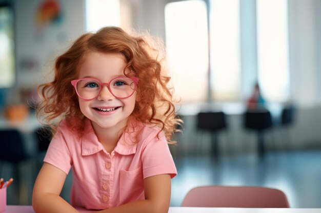 교실 에 앉아 카메라 를 보고 미소 짓고 있는 작은 빨간 머리 학교 소녀 의 초상화