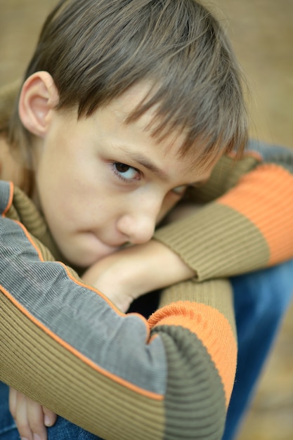 portrait of a little sad boy in autumn park
