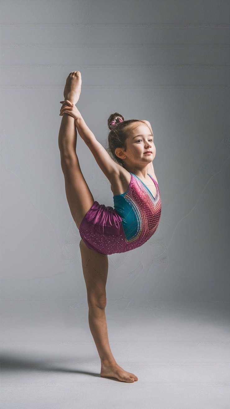 Photo portrait of little sportive girl rhytmic gymnast training isolated over white background flexibilit