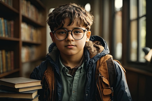 Portrait of little student boy with books wearing glasses ai generative